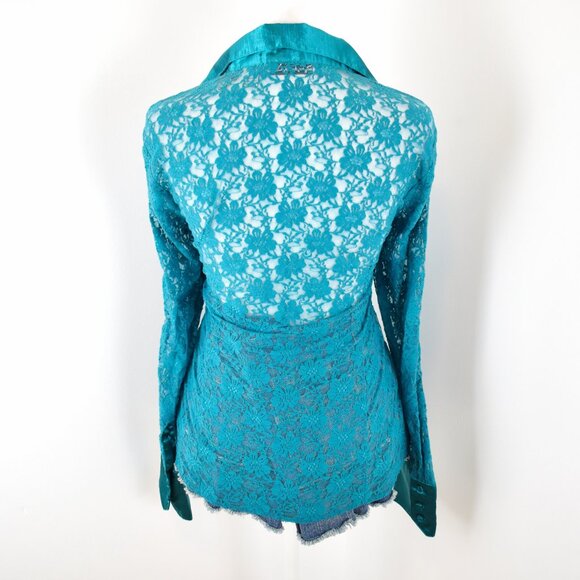 VTG 90s Y2K Selene Sport Blue Sheer Floral Lace Long Sleeve Button Up Blouse - Picture 3 of 8